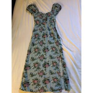 SO blue floral cottagecore midi dress with puff sleeves and a side split Size XS